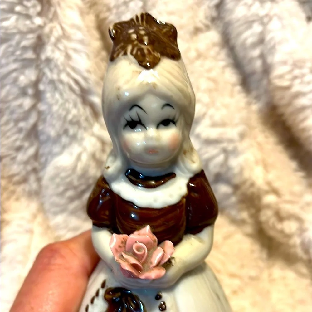 Victorian Bell Girl with Rose flower Brown Cream Glazed Porcelain Vintage